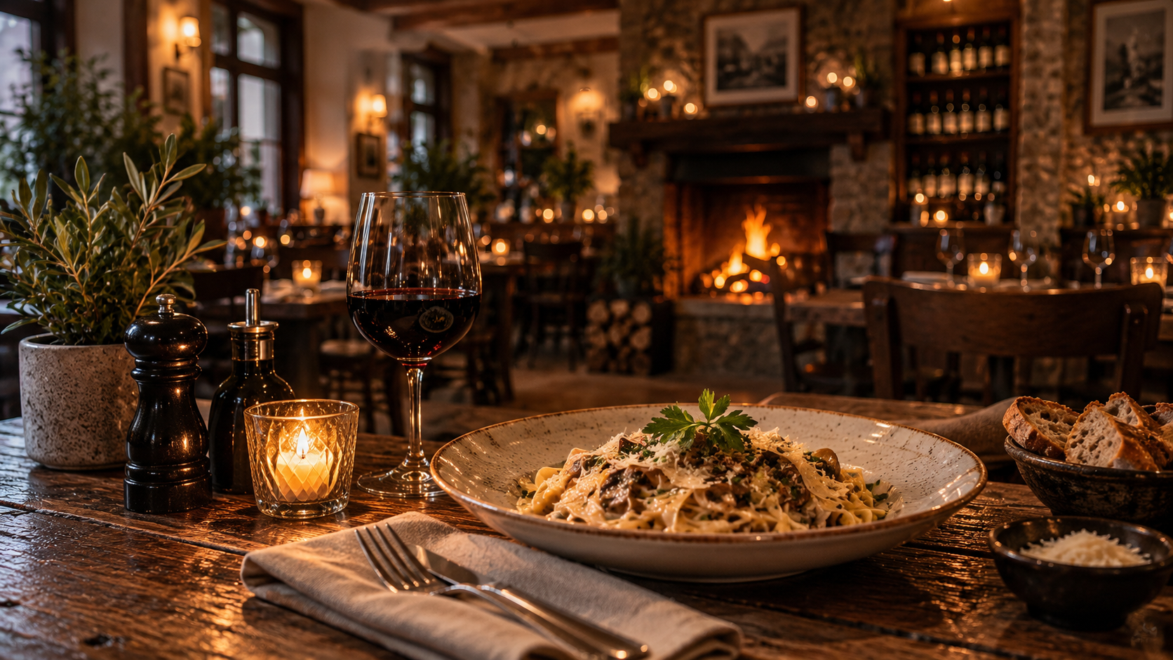 Gedeckter Tisch mit Wein, Kerze und Kupferkrug im Zum Stein